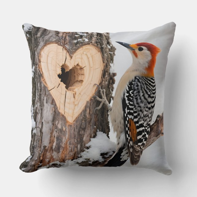 Woodpecker Beside Heart-Shaped Tree Hole Cushion (Front)