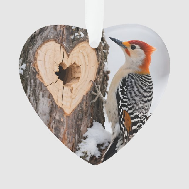 Woodpecker Beside Heart-Shaped Tree Hole Ornament (Front)