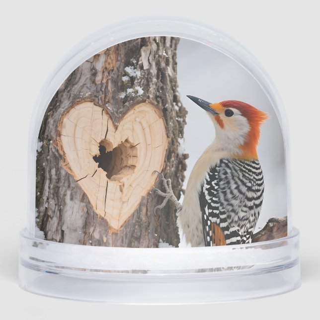 Woodpecker Beside Heart-Shaped Tree Hole Snowglobe (Front)
