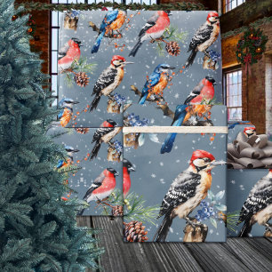 Woodpecker Bullfinch Blue Bird First Winter Snow Wrapping Paper