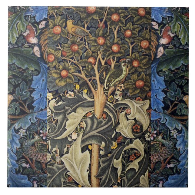 WOODPECKER IN FRUIT TREE ,BIRDS ,PEACOCKS ,BLUE  TILE (Front)