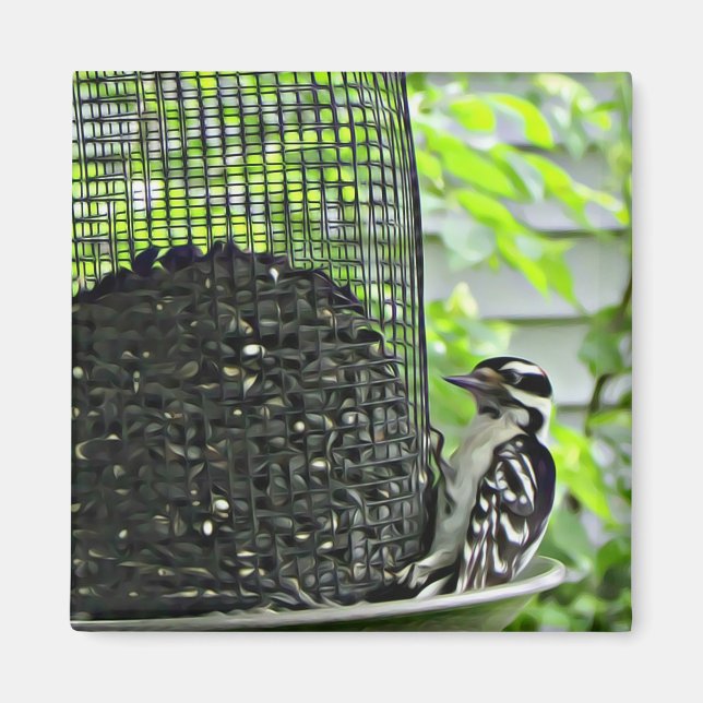 Woodpecker on Bird feeder Refrigerator Magnet (Front)