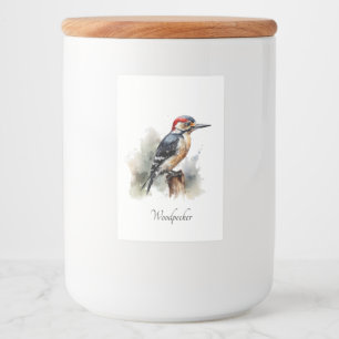 woodpecker sitting on a pole in watercolor food label