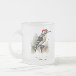 woodpecker sitting on a pole in watercolor frosted glass coffee mug