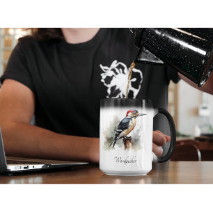woodpecker sitting on a pole in watercolor magic mug