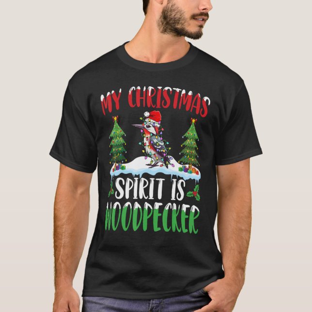 Woodpecker Wearing Santa Hat Christmas Spirit Is W T-Shirt (Front)