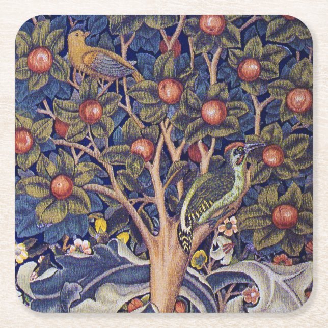 Woodpecker, William Morris Square Paper Coaster (Front)
