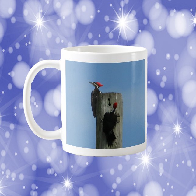 Woodpeckers Posing on a Pole Coffee Mug (A mug with a photograph of two woodpeckers on a pole)