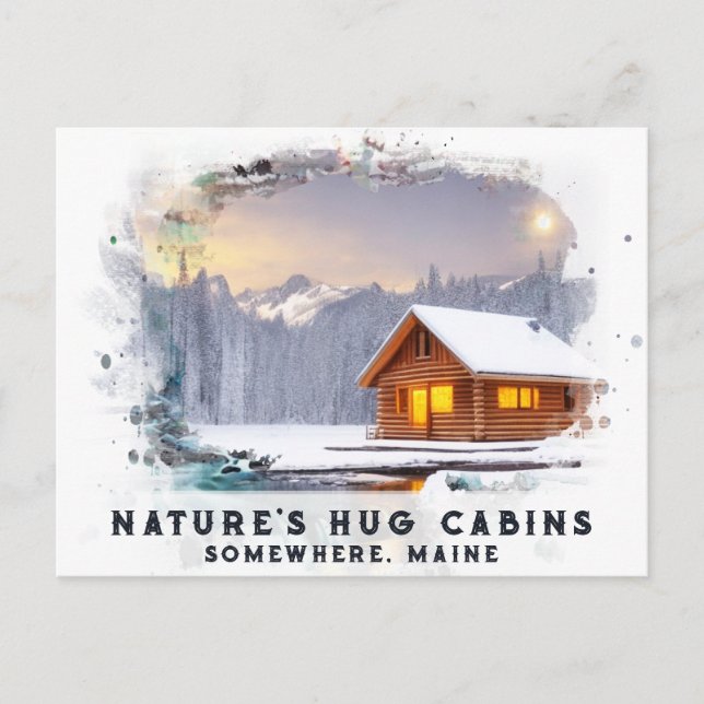 *~* Woods Cabin Lights AP49 Snowy Painting Dusk Postcard (Front)