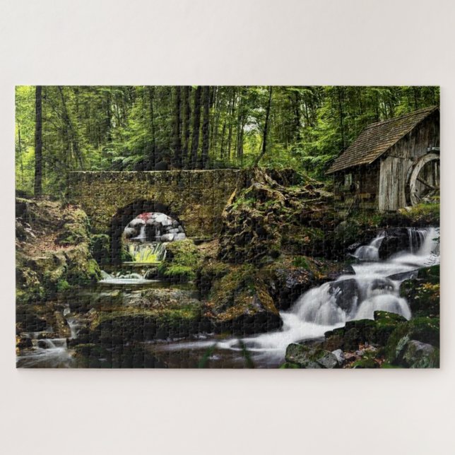 Woods Cabin Waterfalls Jigsaw Puzzle (Horizontal)