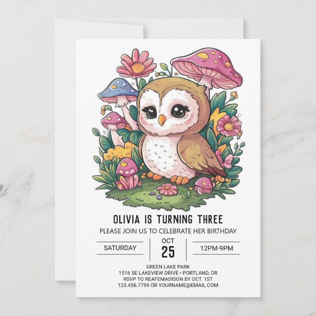 Woods Editable Digital Owl Birthday Invitation (Front)