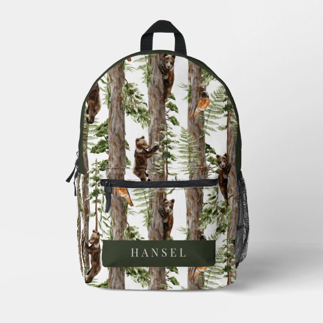 Woods Forest Bear Bullfinch Printed Backpack (Front)