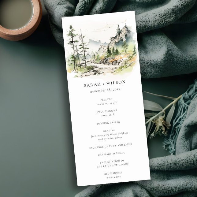 Woods Mountain Landscape Sketch Wedding Program Invitation (Creator Uploaded)