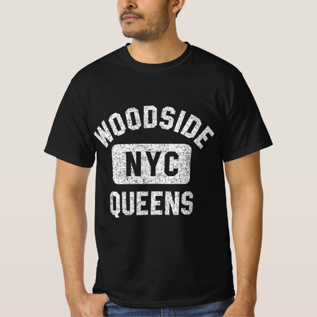 Woodside Queens NYC Gym Style Distressed White Pri T-Shirt (Front)
