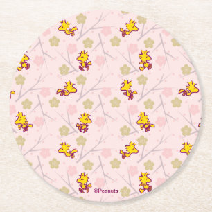 Woodstock Pink Cherry Blossom Pattern Round Paper Coaster