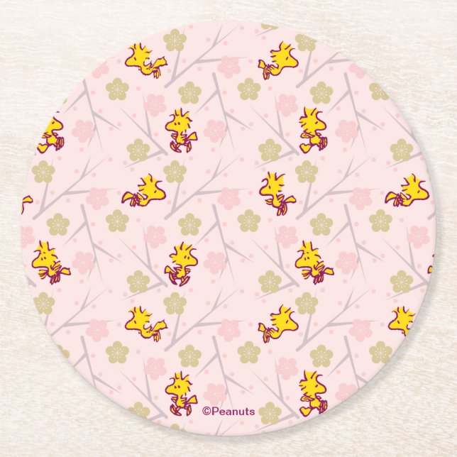 Woodstock Pink Cherry Blossom Pattern Round Paper Coaster (Front)