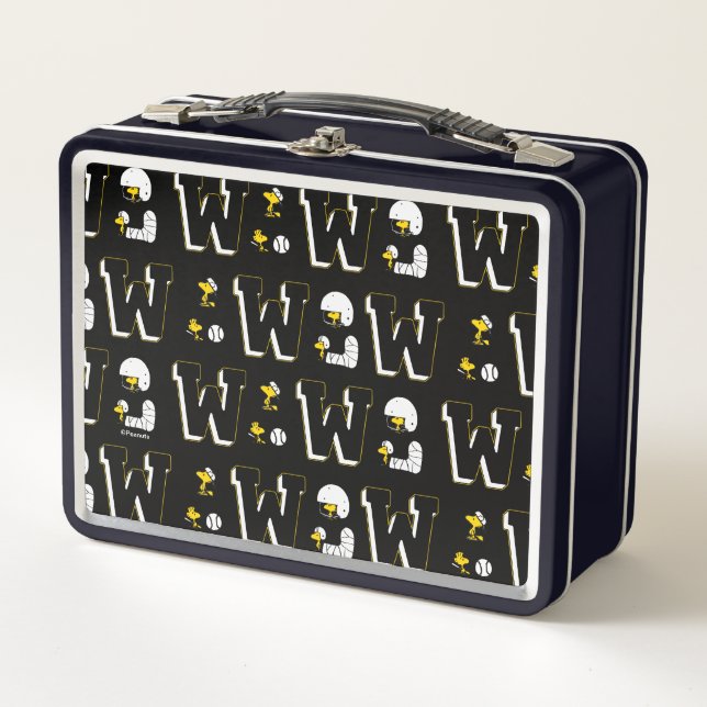 Woodstock Varsity Sports Letter Pattern Metal Lunch Box (Front)