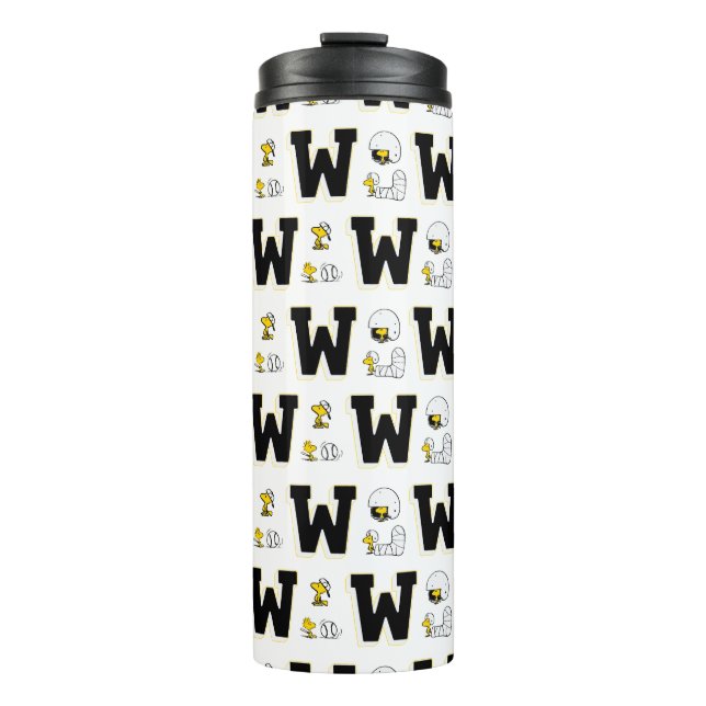 Woodstock Varsity Sports Letter Pattern Thermal Tumbler (Front)