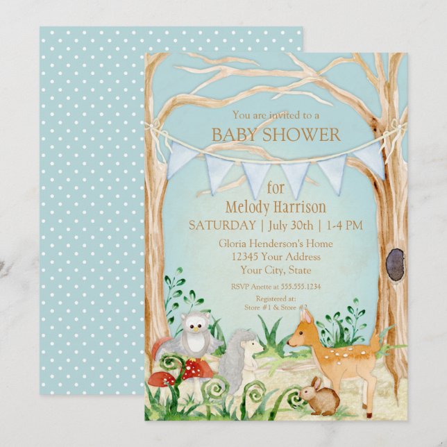 Woodsy Boho Animal Deer Fox Rabbit Owl Baby Shower Invitation (Front/Back)