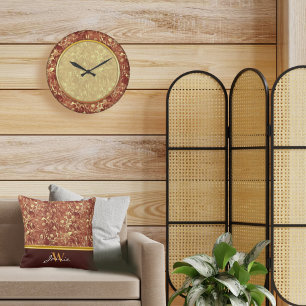 Woodsy Brown Abstract Cosmos Gold Trim Monogram Cushion
