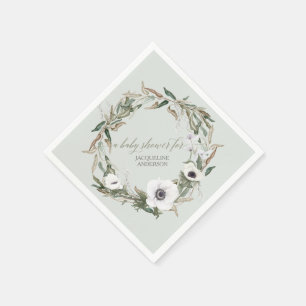 Woodsy Foliage Floral Wreath Anemone Watercolor Napkin