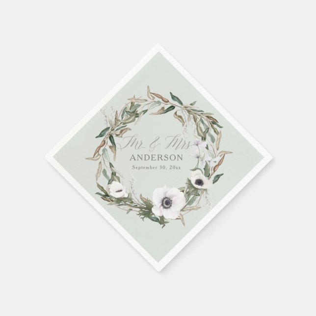 Woodsy Greenery Floral Wedding Anemone Watercolor Napkin (Corner)