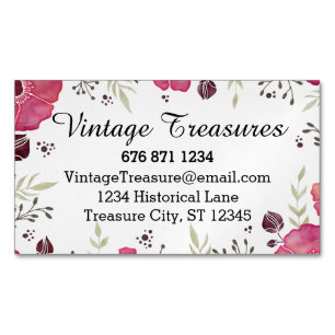 Woodsy Leaf and Floral Pink and Grey Pattern Magnetic Business Card
