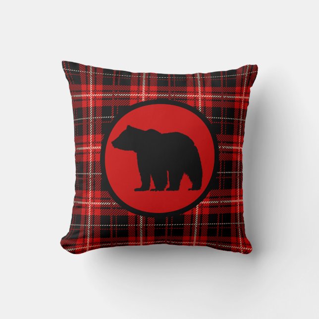 Woodsy Red Plaid Bear Print Cushion (Front)