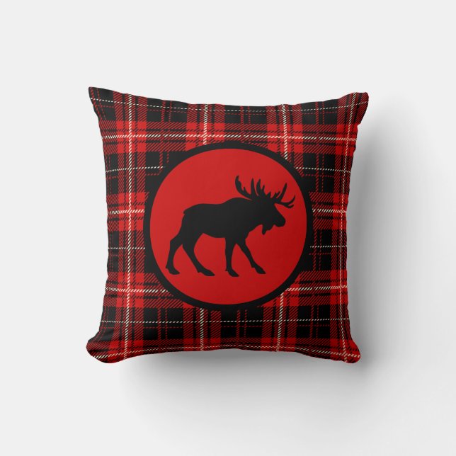 Woodsy Red Plaid Moose Print Cushion (Front)
