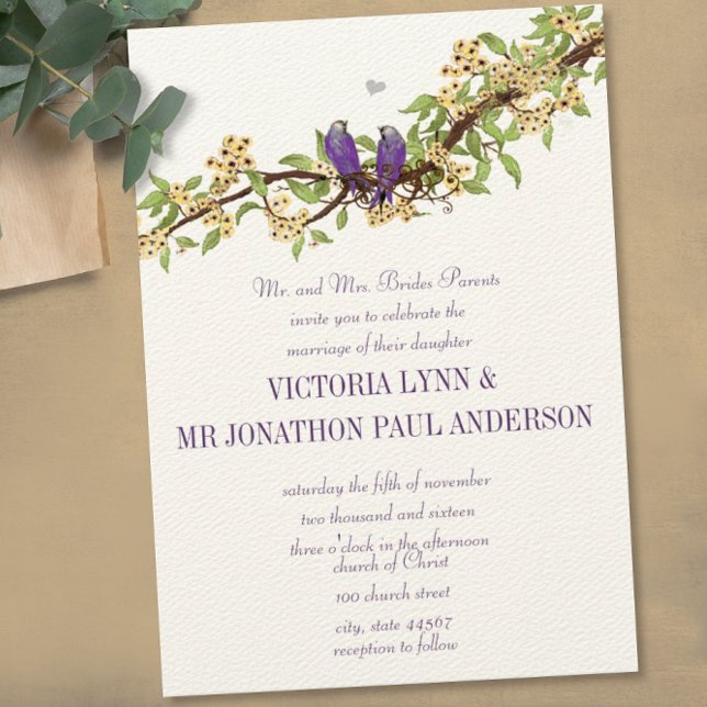 Woodsy Yellow Purple Love Bird Wedding Invitations (Creator Uploaded)