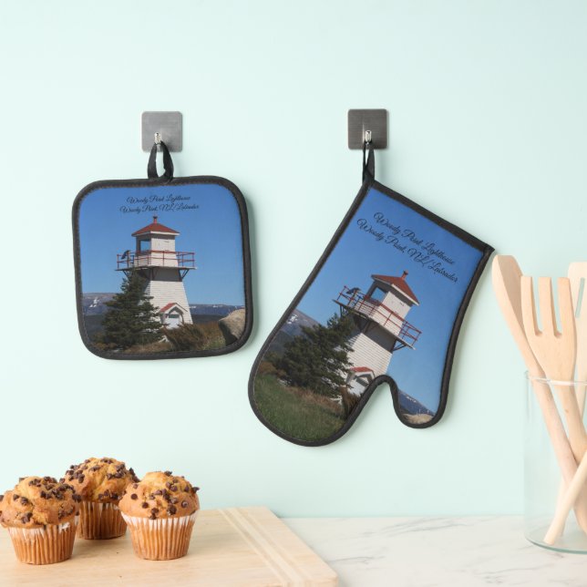 Woody Point Lighthouse NL/Labrador Oven Mitt & Pot Holder Set (Insitu(Hanging))