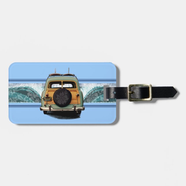 Woody Wave Hawaiian Surf Illustration Luggage Tag (Front Horizontal)