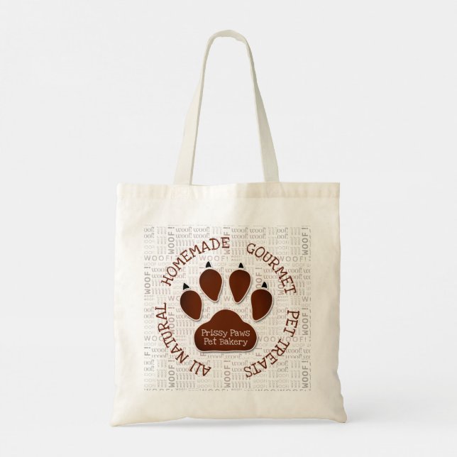 Woof Art and Brown Dog Paw Business Name Tote Bag (Back)