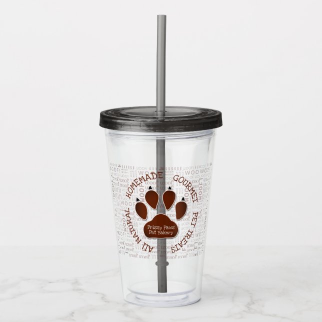 Woof Art with Brown Paw Print Business Name Acrylic Tumbler (Front)