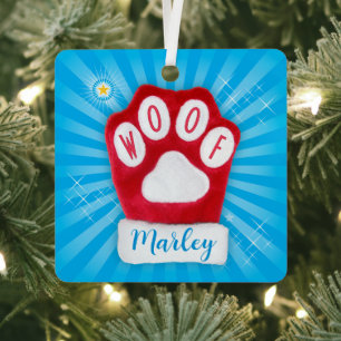 WOOF Christmas Santa Dog Red Mitten Stars Add Name Metal Tree Decoration