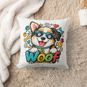 Woof Cute Puppy Dog Paw Print Heart Cushion