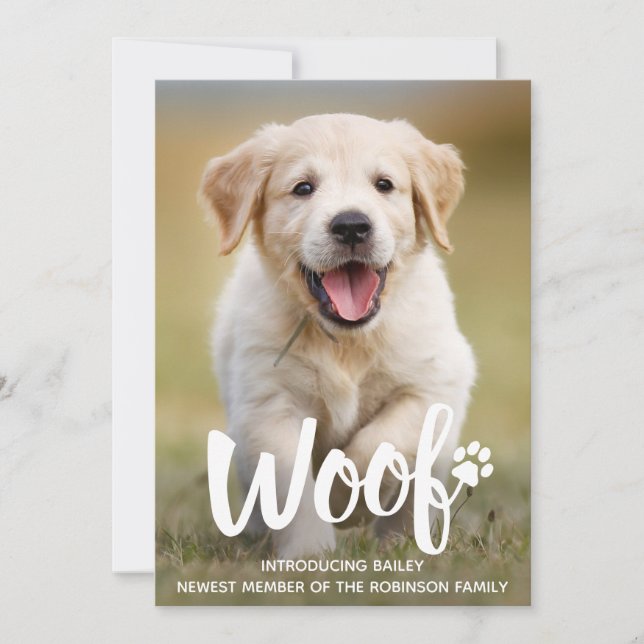 Woof Cute Puppy Personalised Photo Dog New Pet Announcement (Front)