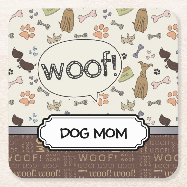 WOOF! Dog Lover - Puppies pattern personalised Square Paper Coaster (Front)