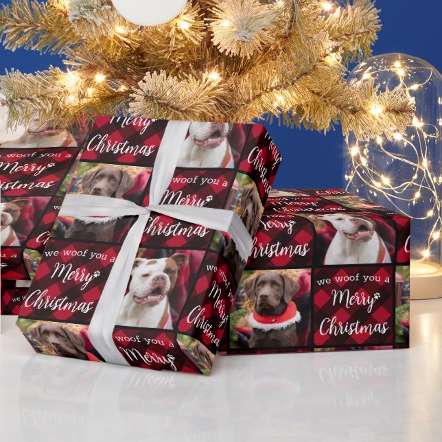 Woof Merry Christmas Custom 2 Dog Photo Red Plaid Wrapping Paper (Holidays)