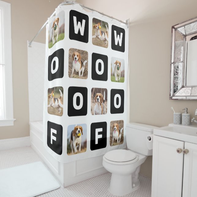 Woof Personalised Pet Dog Lover Photo Collage Shower Curtain (In Situ)