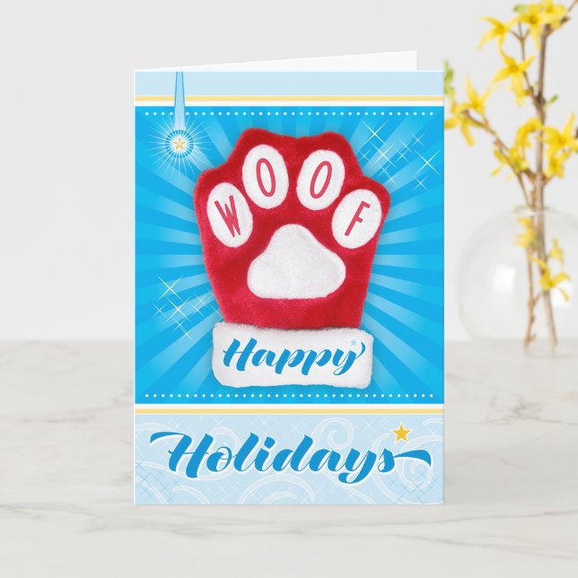 WOOF Red Paw Dog Christmas Mitten Happy Holidays Card (Yellow Flower)