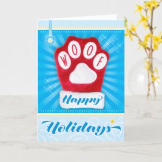 WOOF Red Paw Dog Christmas Mitten Happy Holidays Card