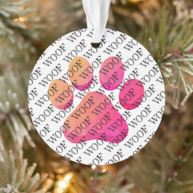 WOOF Typography Dog Paw Print Modern Pet Fun Ornament (Tree)