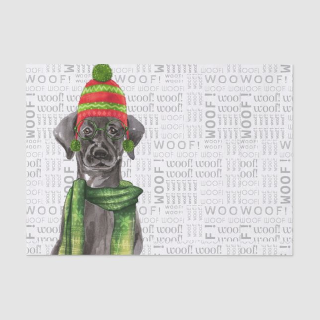 Woof Word Art and Christmas Black Labrador Tissue Paper (Front)