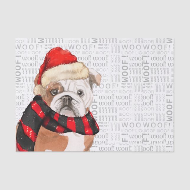 Woof Word Art and English Bulldog Christmas Tissue Paper (Front)