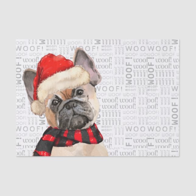 Woof Word Art and French Bulldog Christmas Tissue Paper (Front)