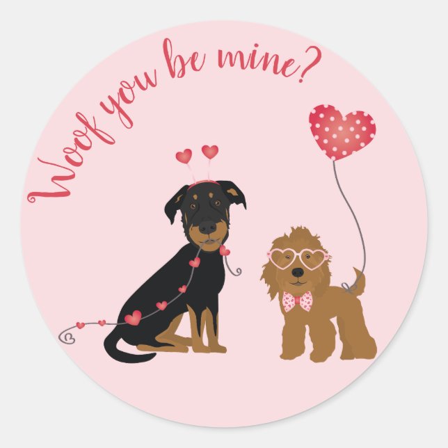 Woof You Be Mine Valentine Dogs Classic Round Sticker (Front)