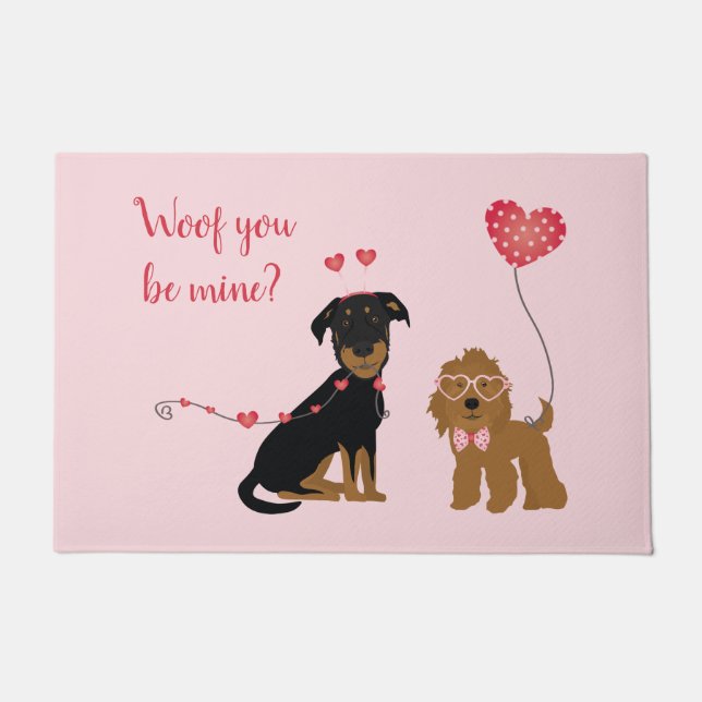 Woof You Be Mine Valentine Dogs Doormat (Front)