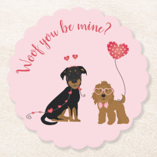 Woof You Be Mine Valentine Dogs Paper Coaster