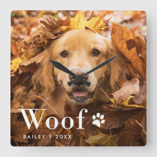 Woof   Your Dog's Photo and a Paw Print Square Wall Clock